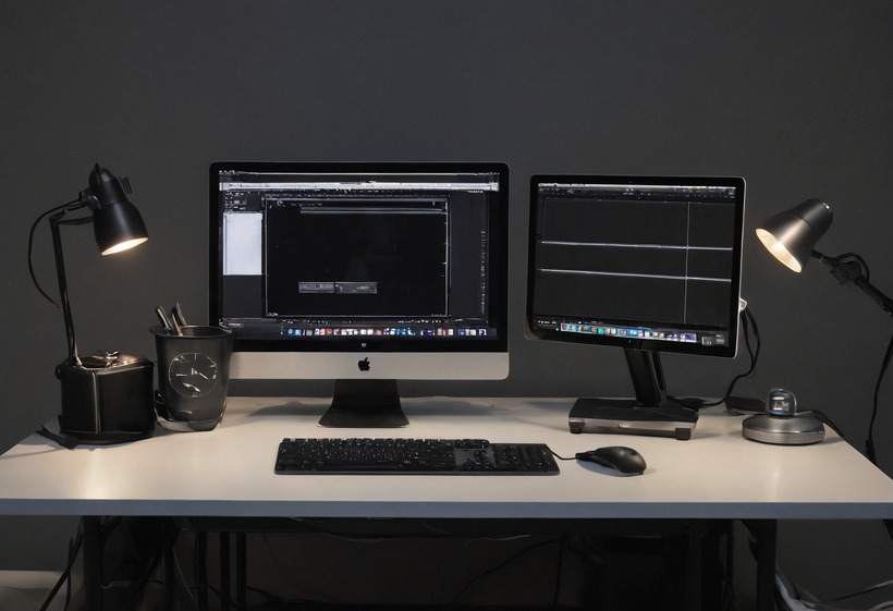 A dual-monitor workstation against a dark wall: an iMac showing a drawing application, a second monitor beside it, two black angled lamps, a keyboard, a mouse and a pen cup.