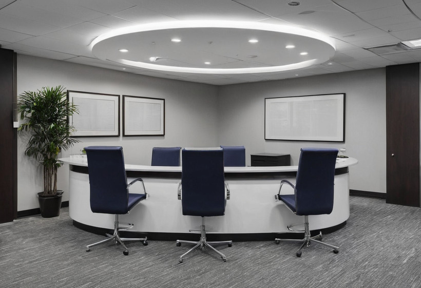 A curved white reception desk with four dark blue office chairs behind it, three large framed panels on a grey wall and a circular dropped ceiling with downlights.