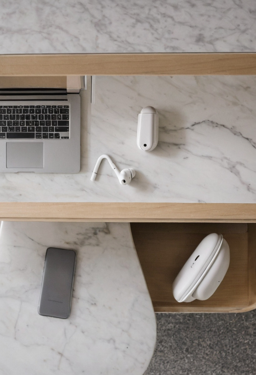 An overhead view of a white marble desk with the corner of a silver laptop, wireless earbuds, a small white device and a smartphone lying face down on the surface below.