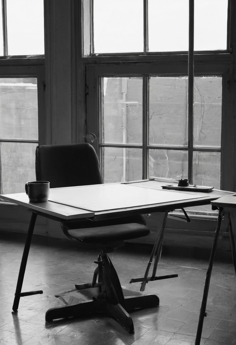 A black and white view of a drafting table with a tilted board and an office chair pulled up to it, beside tall multi-pane industrial windows.