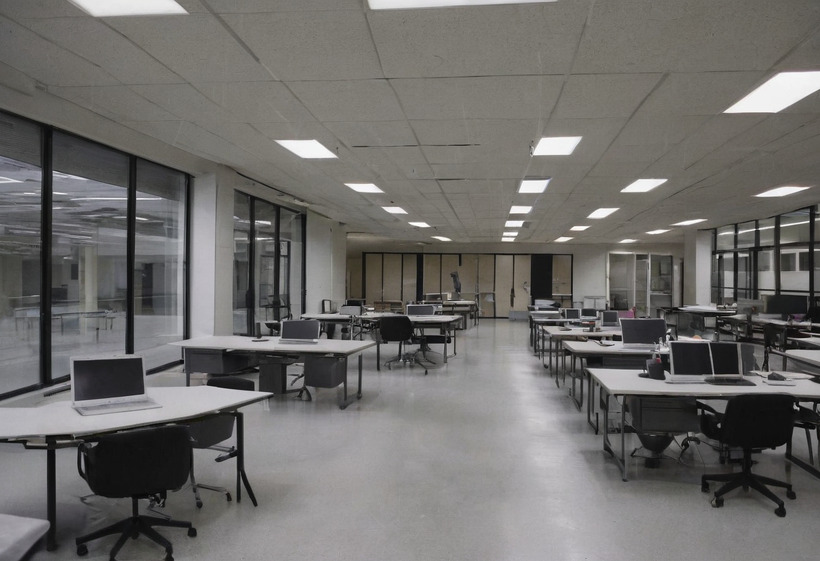 A university studio with rows of white tables carrying laptops and black task chairs, a suspended ceiling of recessed troffers and full-height glazing down both sides.