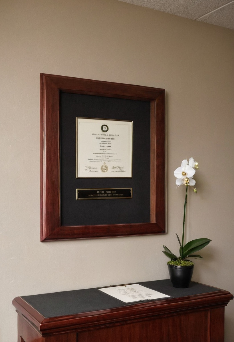 A framed certificate in a dark mahogany frame with a brass plaque beneath it on a cream office wall, above a polished wood cabinet holding a sheet of paper and a white orchid.