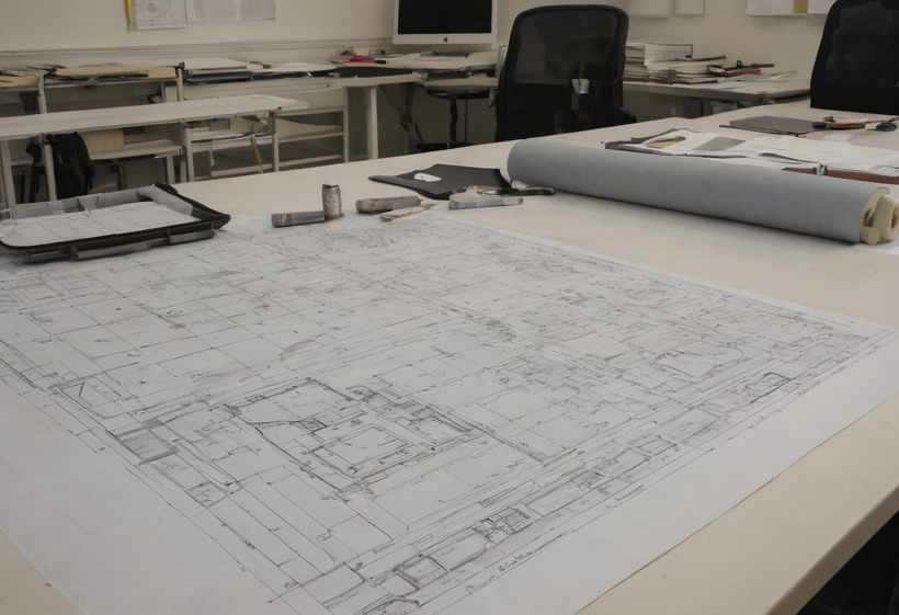 A large printed floor plan spread flat on a plan table with a rolled drawing beside it, in a studio of white desks, monitors and task chairs.