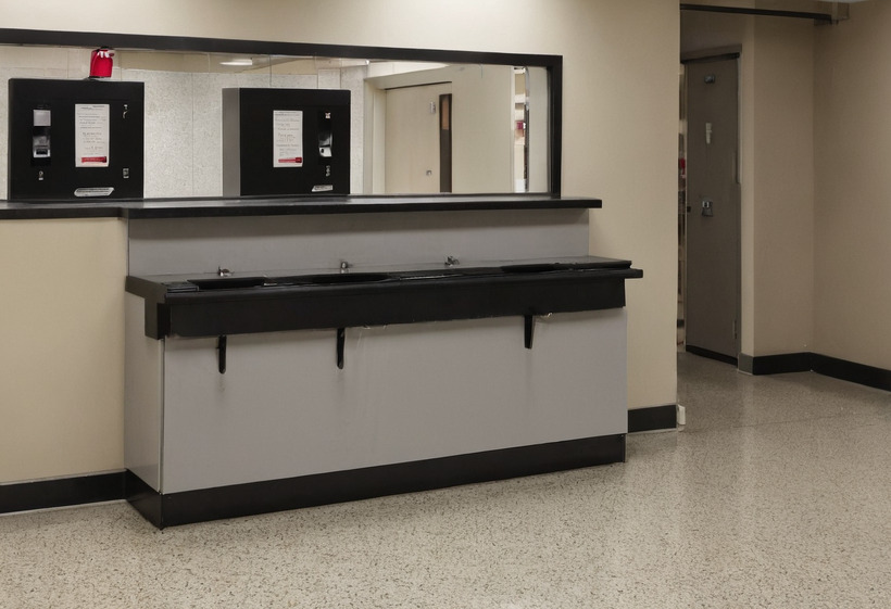 A public service counter with a black top and a long black-framed window above it, notices mounted on the wall, a fire extinguisher cabinet and a terrazzo floor running to a corridor.