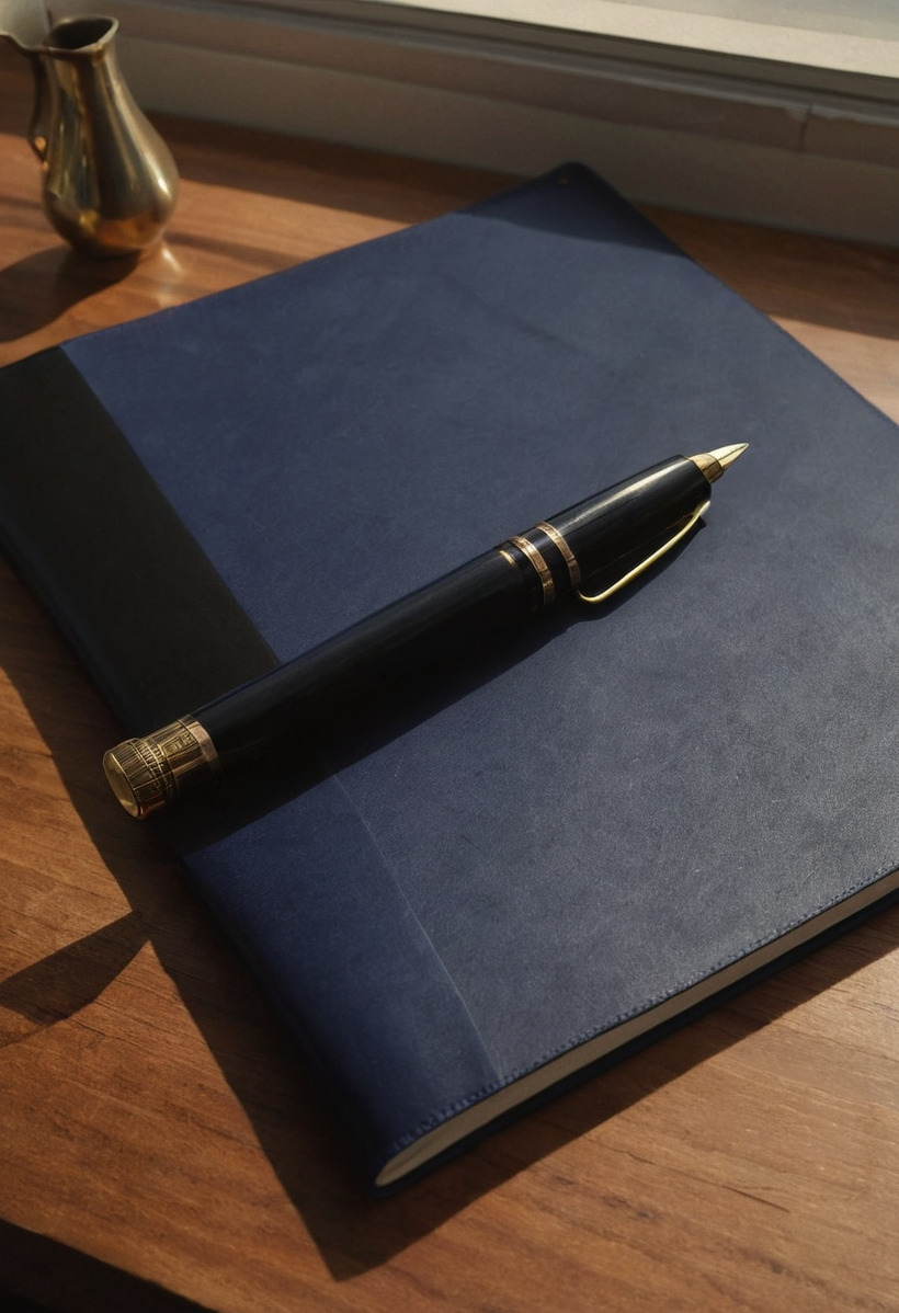 A closed navy leather document folder on a wooden desk with a black and gold pen lying across it and a brass object at the edge of the frame.