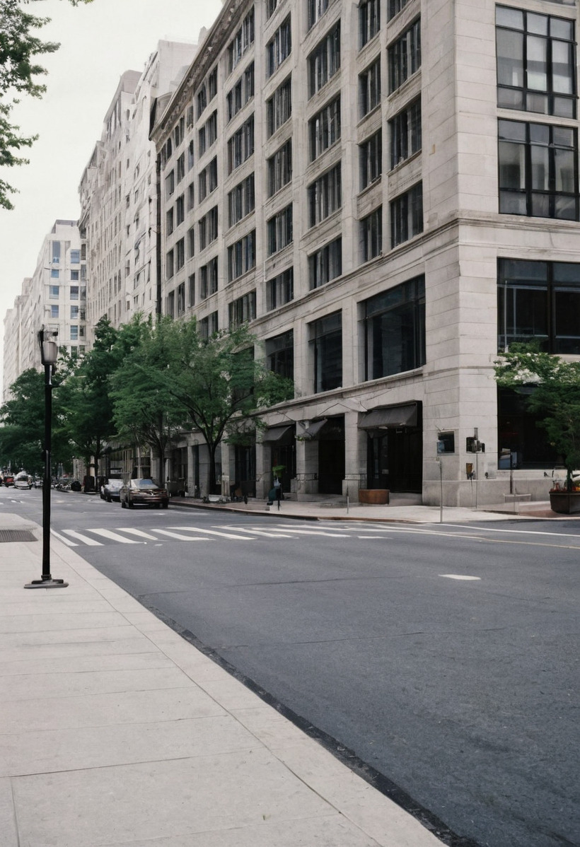 A city street corner with a large stone-clad office building on the right, more office buildings receding down the block, street trees and an empty crosswalk.