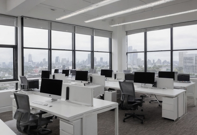 An open-plan office with corner glazing over a city skyline, rows of white bench desks carrying iMacs, grey mesh task chairs and white pedestal units under suspended linear lights.