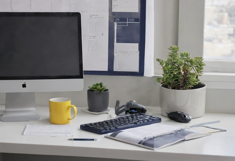 A single workstation by a window with an iMac, a navy keyboard, a yellow mug, two potted succulents, an open ring binder and a scale rule, with drawings pinned on the wall behind.
