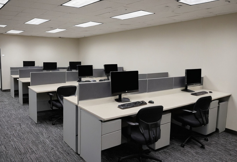 Rows of pale desks separated by grey privacy screens, each with a monitor, keyboard and mouse and a black task chair, under a suspended ceiling of fluorescent troffers.
