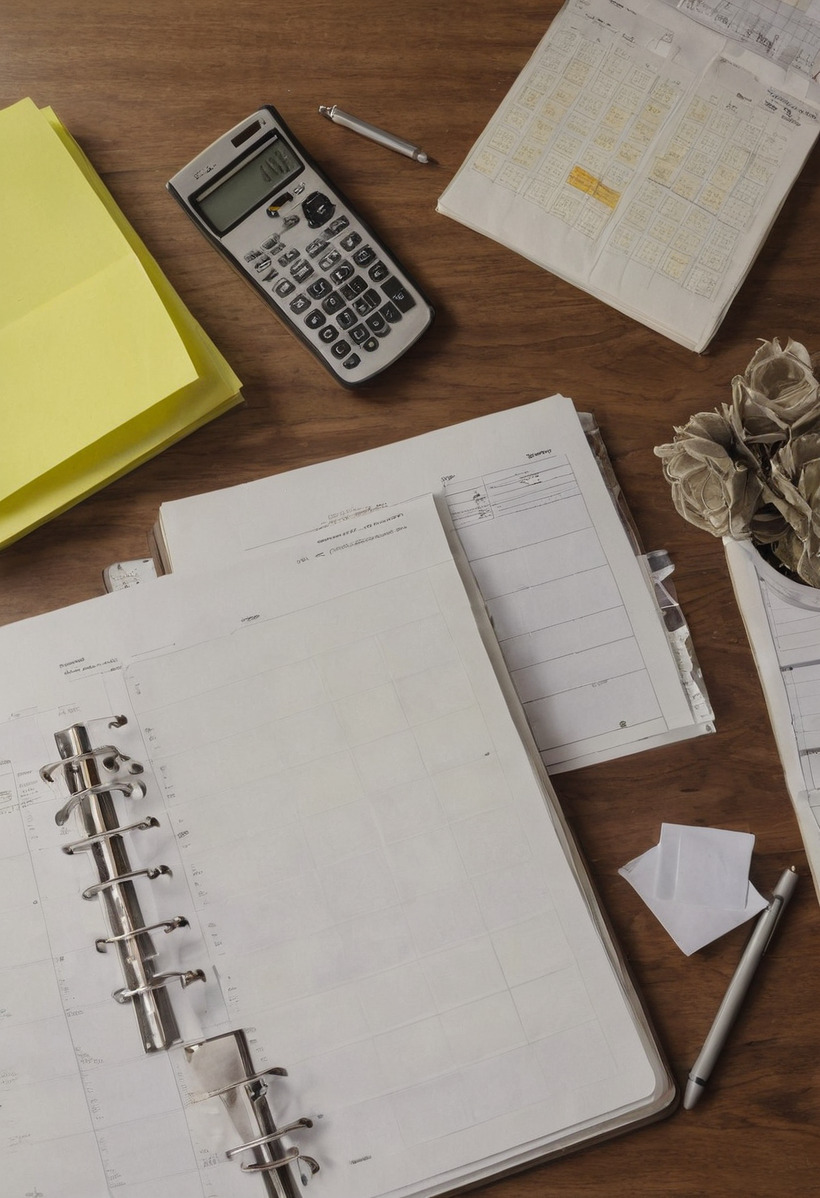 An overhead view of a dark wood desk with an open ring binder of printed grid sheets, a second ruled register, a scientific calculator, a yellow folder, a pen and a small potted plant.