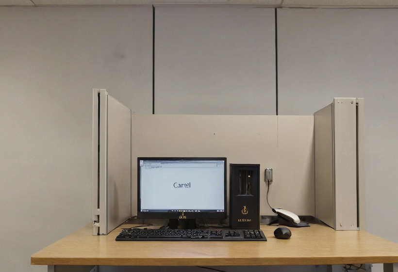 A single testing carrel with partition wings either side of a pale desk, a monitor, a small desktop tower, a keyboard and a mouse.