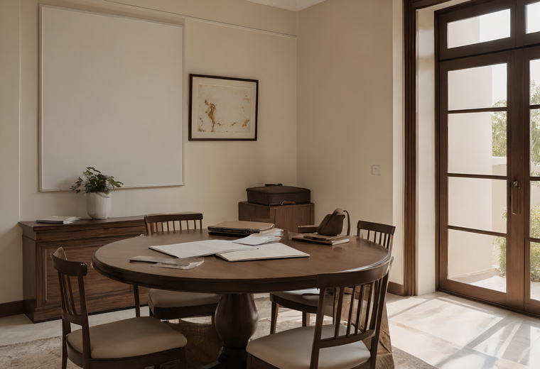 Round timber meeting table with papers and folders in a bright villa study with shuttered French windows