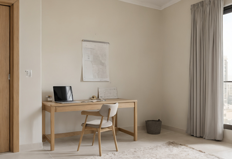 Home office in a Dubai apartment with a light oak desk, a laptop, a plan pinned to the wall and grey curtains at a tall window