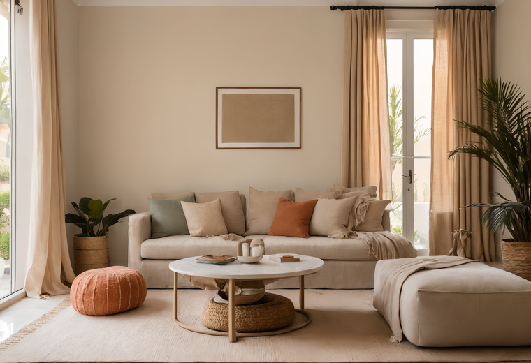 Family living room with a linen sofa, terracotta cushions, a round coffee table and palms by sheer curtains